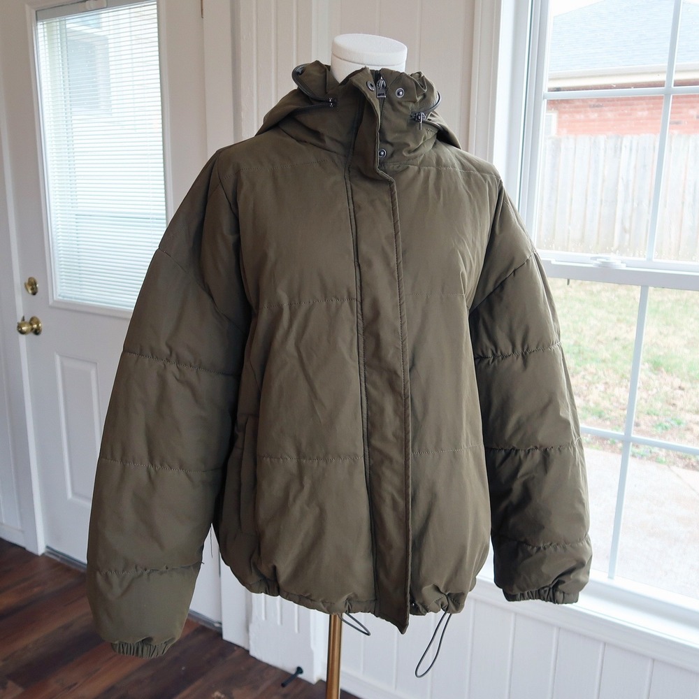 American Eagle Womens Hooded Puffer Jacket M Olive Streetwear Earth Neutral